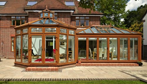 Golden oak effect P Shaped conservatory