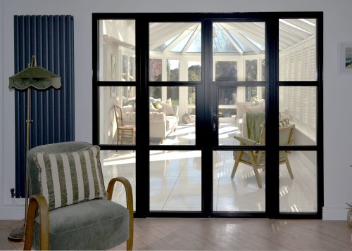 Heritage Double Doors in Aluminium with black bar design