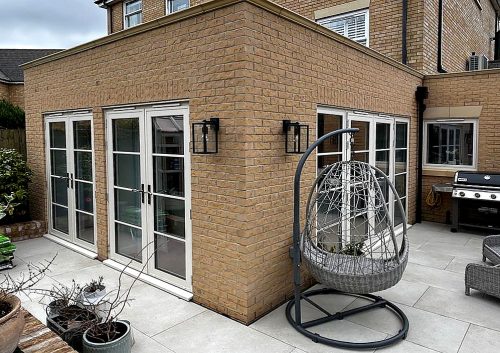 Aluminium French Doors with astragal bar in Oyster Cream